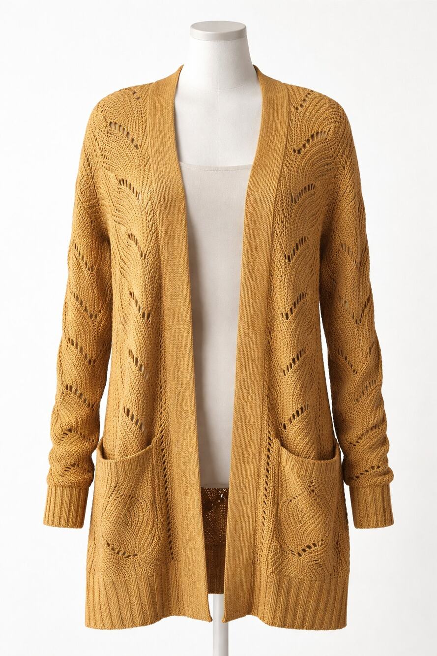 SO Open Knit Cardigan brown Mustard Long Sleeve Open Front oversized Medium
